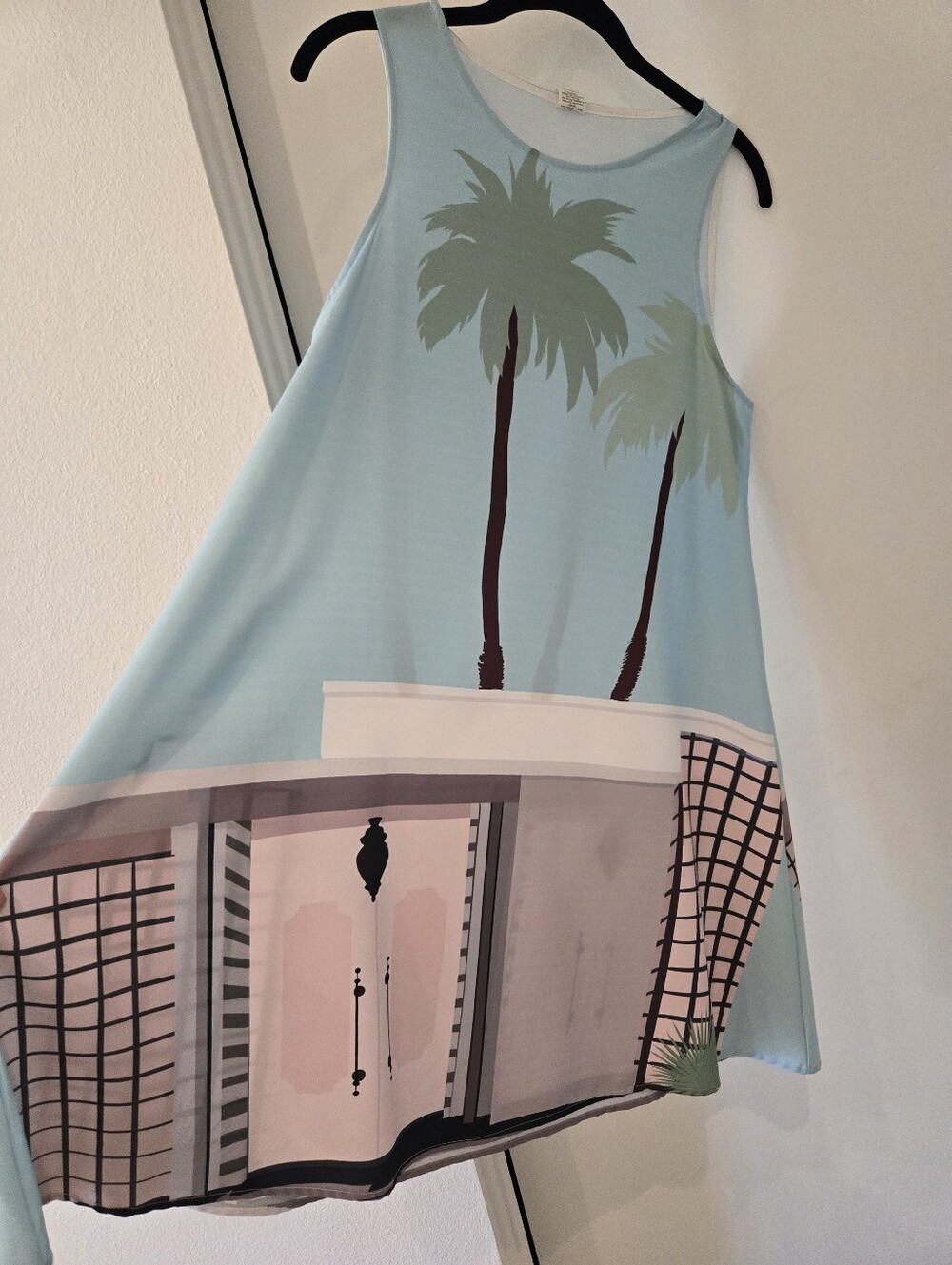 Light Blue Palm Print A-Line Dress. Mid Century Modern Palm Springs Architecture
